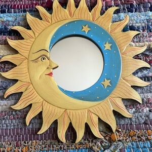 Vintage 90s 11.5" Handcarved Sun Moon Stars Wall Mirror Indonesia Whimsy